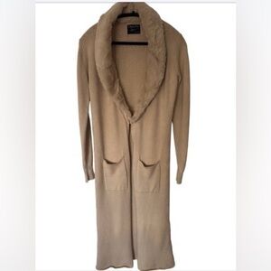 Chic Classic Beige Cardigan Duster Sweater Faux Fur Collar Size Large Sweater